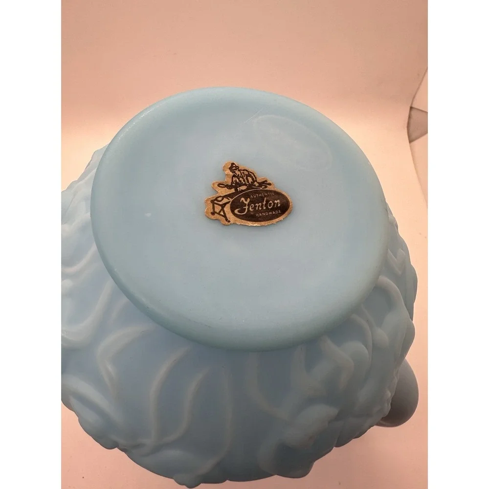 Vintage Fenton Blue‎ Satin Glass Water Lily Pattern Pitcher